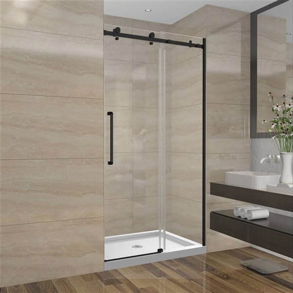 GEF SERA 48 x 75-in x 10mm Alcove Reversible Sliding Shower Door with Black Square Design Hardware