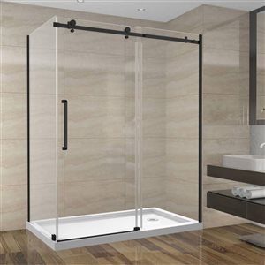 Porte de Douche Coulissante Réversible SERA par GEF 60 x 36 x 75 po x 10mm noire avec panneau latéral 36 po