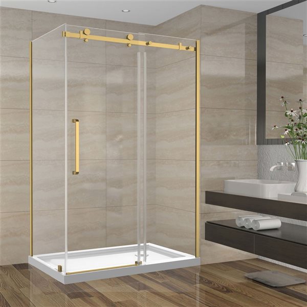 Porte de Douche Coulissante Réversible SERA par GEF 48 x 32 x 75 po x 10mm or brossé avec panneau latéral 32 po