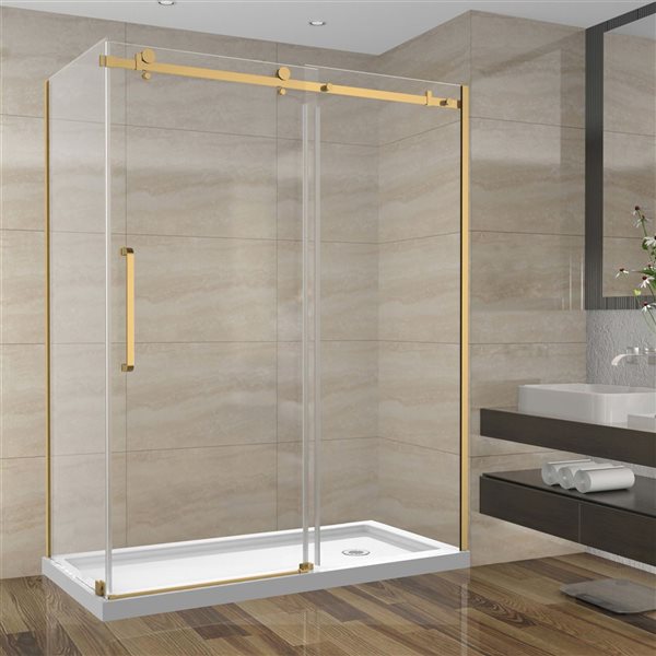 GEF SERA 60 x 32 x 75-in x 10mm Reversible Sliding Shower Door with Brushed Gold Square Design Hardware