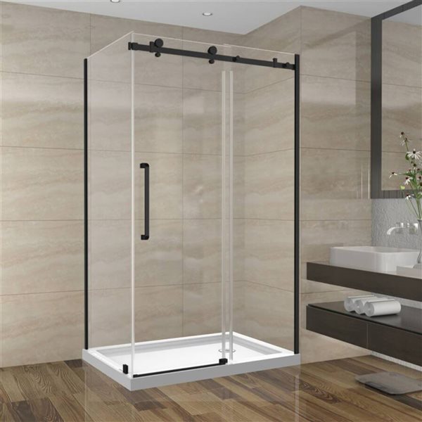 Porte de Douche Coulissante Réversible SERA par GEF 48 x 36 x 75 po x 10mm noire avec panneau latéral de 36 po