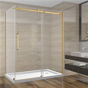 Porte de Douche Coulissante Réversible SERA par GEF 60 x 36 x 75 po x 10mm or brossé avec panneau latéral 36 po