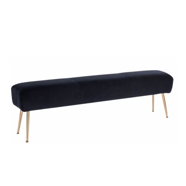 TAKE ME HOME FURNITURE Black Velvet Upholstered Bench w/ Straight Gold Metal Legs