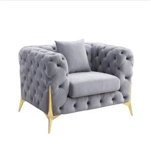 TAKE ME HOME FURNITURE Grey Velvet Upholstered Tufted Armchair w/ Gold Metal Legs