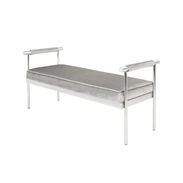 TAKE ME HOME FURNITURE Grey Velvet Upholstered Bench w/ Silver Metal Legs