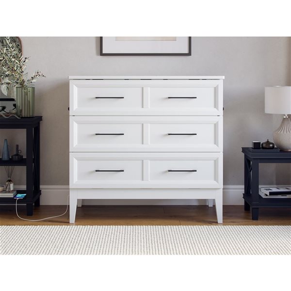 Santa Fe Twin Solid Wood Murphy Bed Chest with Mattress and Built-in Charger - White