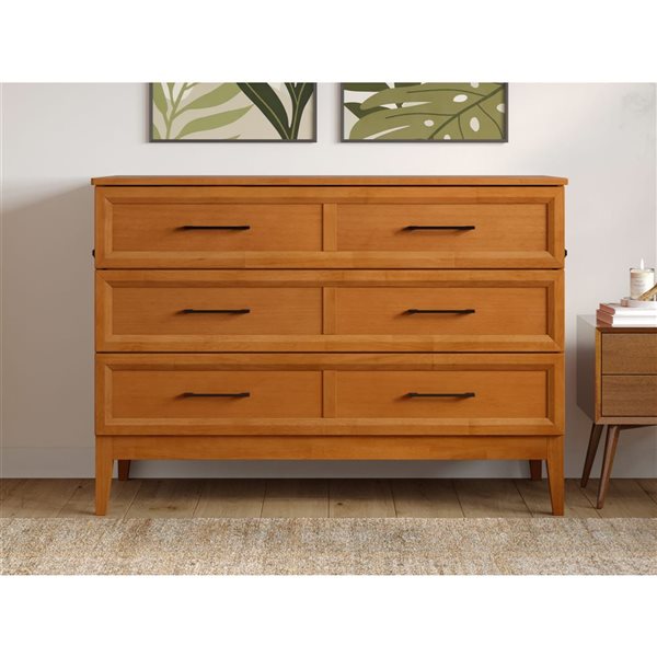 Santa Fe Full Solid Wood Murphy Bed Chest with Mattress and Built-in Charger - Light Toffee