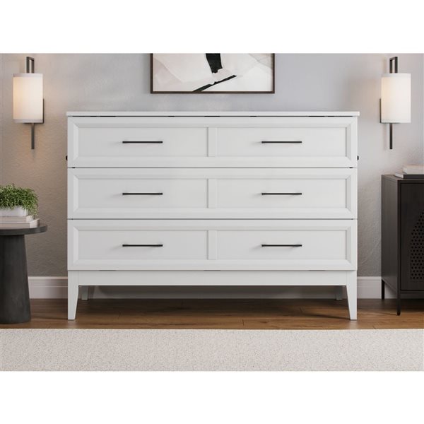 Santa Fe Full Solid Wood Murphy Bed Chest with Mattress and Built-in Charger - White