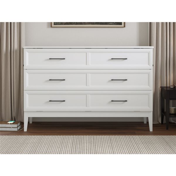 Santa Fe Queen Solid Wood Murphy Bed Chest with Mattress and Built-in Charger - White