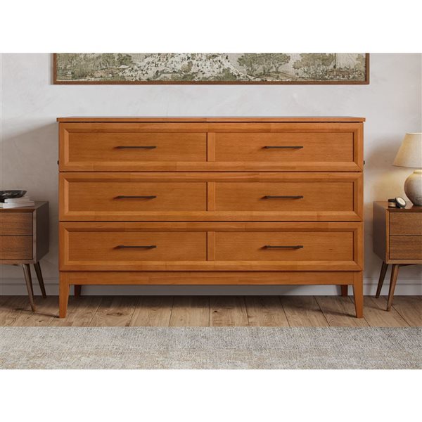 Santa Fe Queen Solid Wood Murphy Bed Chest with Mattress and Built-in Charger - Light Toffee