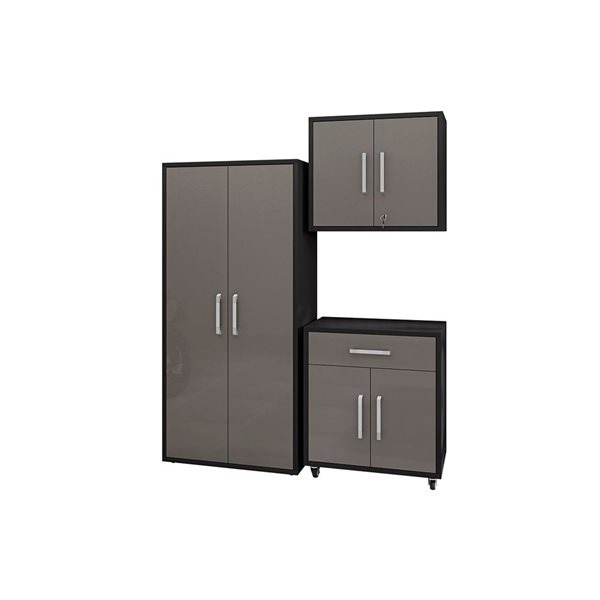 Manhattan Comfort Eiffel Matte Black/Grey Composite Wood 3-Piece Garage Storage System