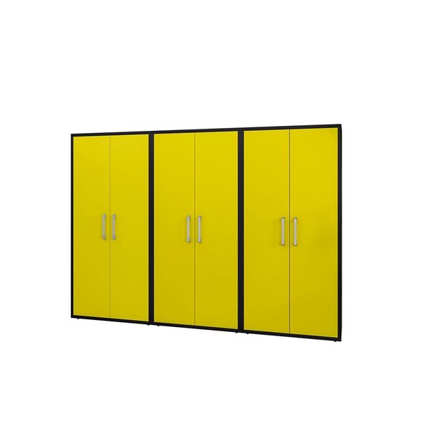 Ensemble d'armoires hautes de garage 3 Eiffel par Manhattan Comfort 35,5 l. x 74 po h. en MDF noir mat et jaune