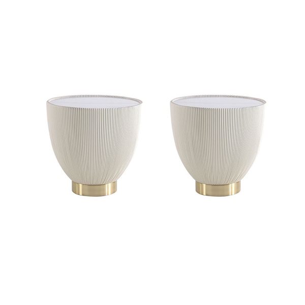 Tables d'appoint moderne Anderson Manhattan Comfort en similicuir crème avec plateau aspect marbre, lot de 2