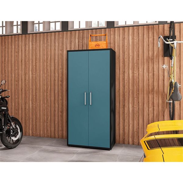 Manhattan Comfort Eiffel 35.5 W x 74-in H Matte Black/Aqua Blue MDF 3-Piece Tall Garage Cabinet Set