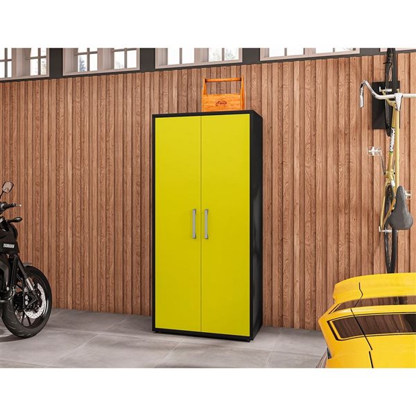 Ensemble d'armoires hautes de garage 2 pièces Eiffel par Manhattan Comfort 35,5 l. x 74 po h. en MDF noir mat et jaune