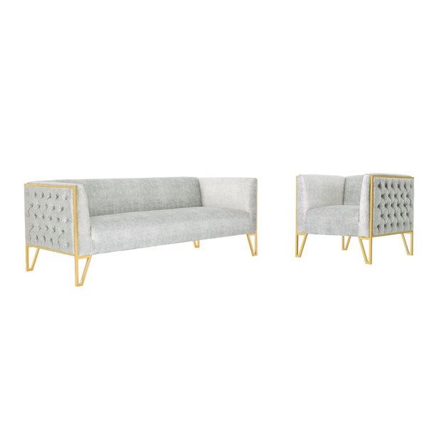 Manhattan Comfort Vector 2-Piece Grey Velvet and Gold Metal Sofa and Armchair Set