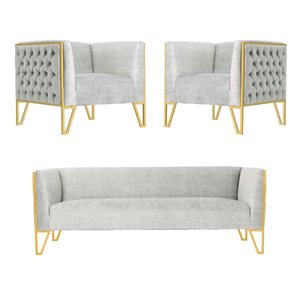 Manhattan Comfort Vector 3-Piece Grey Velvet and Gold Metal Sofa and Armchair Set