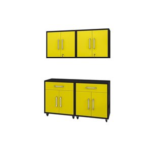 Système d'armoires de rangement de garage Eiffel de Manhattan Comfort 4 pièces en bois de composite, noir mat/jaune