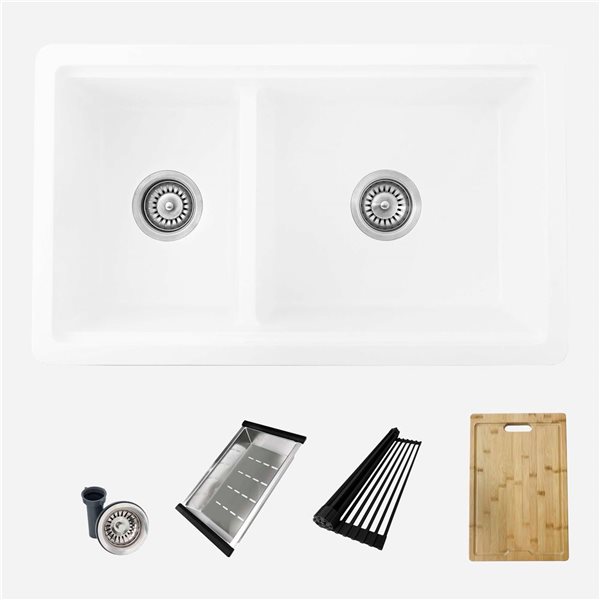 Stylish Pietra Dual-Mount 30 L x 18-in W White Composite Granite Double Bowl Workstation Kitchen Sink