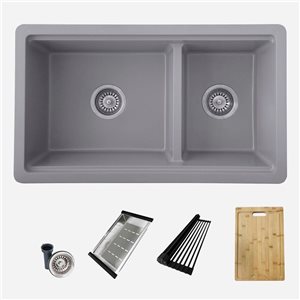 Stylish Pietra Dual-Mount 30 L x 18-in W Grey Composite Granite Double Bowl Workstation Kitchen Sink