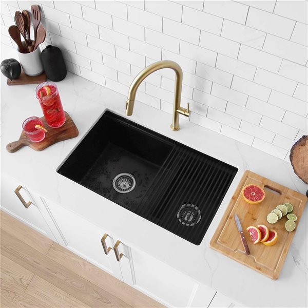 Stylish Pietra Dual -Mount 30 L x 18-in W Black Composite Granite Double Bowl Workstation Kitchen Sink