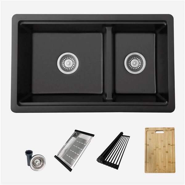 Stylish Pietra Dual -Mount 30 L x 18-in W Black Composite Granite Double Bowl Workstation Kitchen Sink