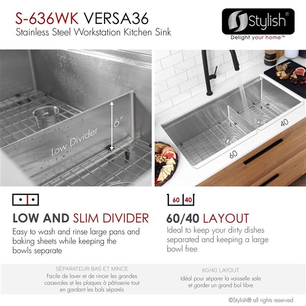 Stylish Versa Undermount 36 L x 19-in W Stainless Steel Double Offset Bowl Workstation Kitchen Sink All-in-One Kit