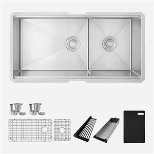 Stylish Versa Undermount 36 L x 19-in W Stainless Steel Double Offset Bowl Workstation Kitchen Sink All-in-One Kit