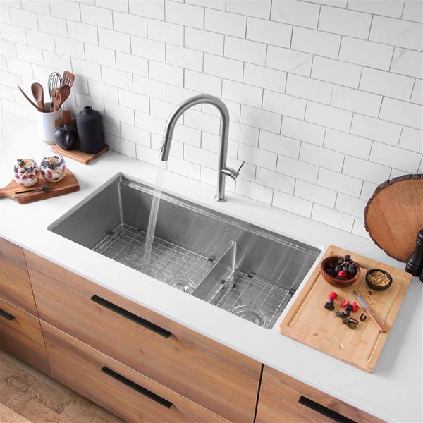 Stylish Versa Undermount 36 L x 19-in W Stainless Steel Double Bowl Workstation Kitchen Sink  All-in-One Kit