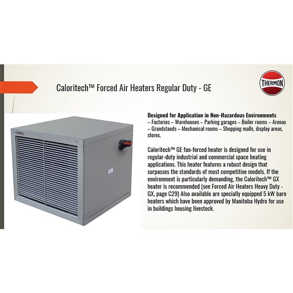 Caloritech 480 V 1/3Ø 10 kW Forced Air Unit Heater controlled with Thermostat