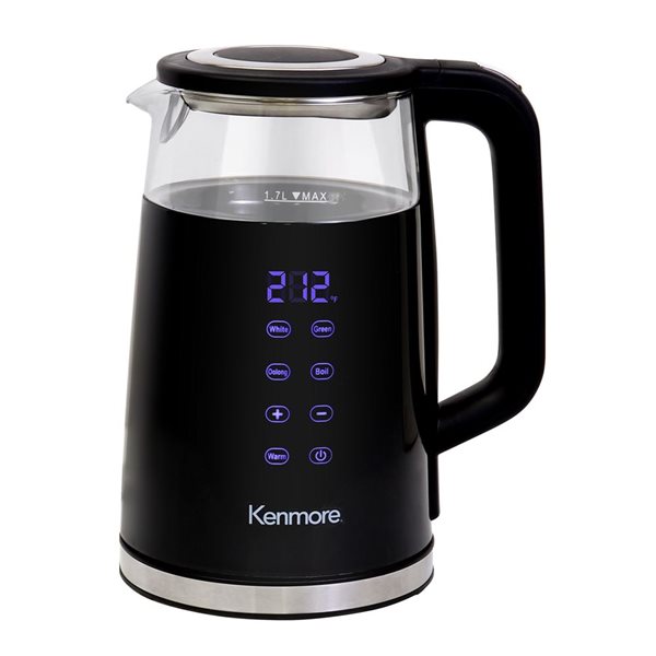 Bouilloire électrique en verre Kenmore 1,7 L avec commande numérique de la température, noir