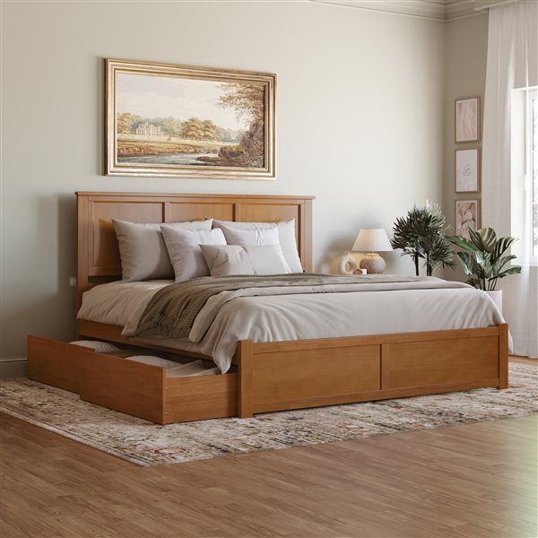 AFI Madison Light Toffee Solid Wood King-Size Platform Bed w/ Footboard and Storage Drawers