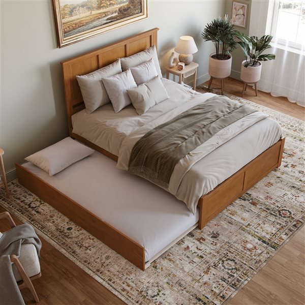 AFI Madison Light Toffee Solid Wood Queen-Size Platform Bed w/ Footboard and Twin XL Trundle