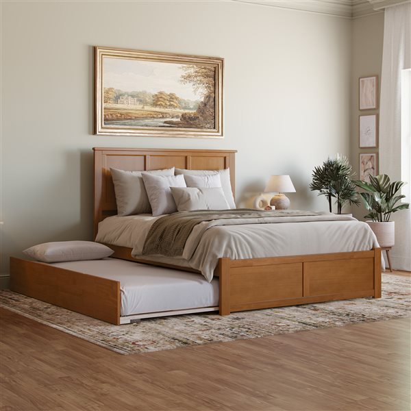 AFI Madison Light Toffee Solid Wood Queen-Size Platform Bed w/ Footboard and Twin XL Trundle