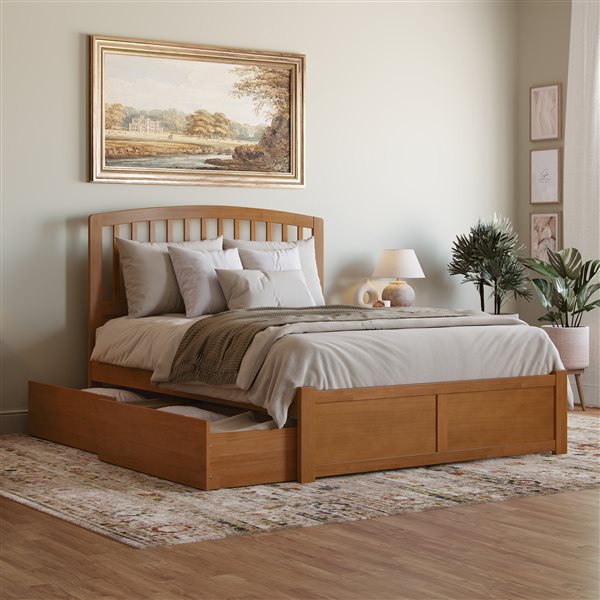 AFI Richmond Light Toffee Solid Wood Queen-Size Platform Bed w/ Footboard and Storage Drawers