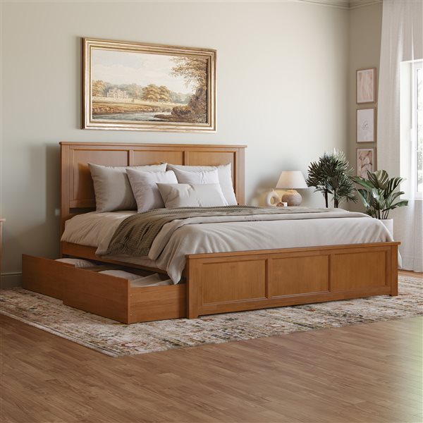 AFI Madison Light Toffee Solid Wood King-Size Platform Bed w/ Matching Footboard and Storage Drawers