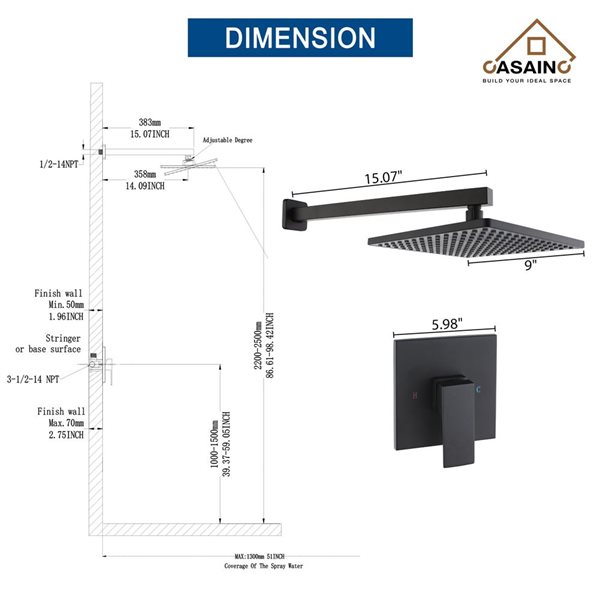 CASAINC 9-in Shower System Matte Black Built-In Shower Faucet System Pressure-Balanced Valve Included