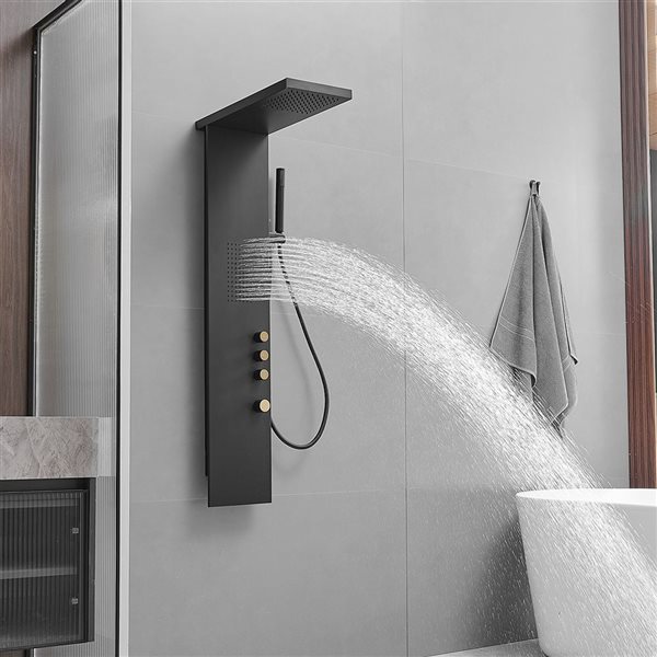 BWE 1-Jet Rainfall Modern Shower Panel System with Waterfall Shower Head and Shower Wand in Matte Black