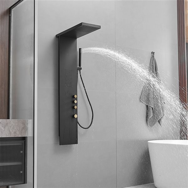 BWE 1-Jet Rainfall Modern Shower Panel System with Waterfall Shower Head and Shower Wand in Matte Black