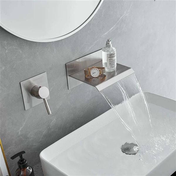 BWE Single Handle Wall Mount Spout Waterfall Bathroom Faucet in Brushed Nickel