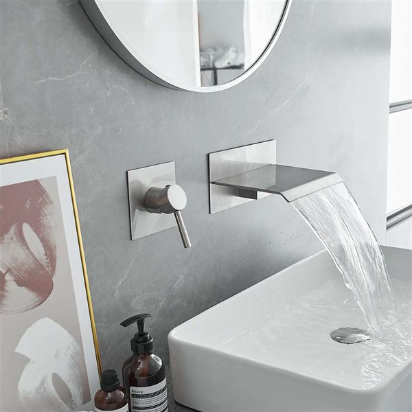 BWE Single Handle Wall Mount Spout Waterfall Bathroom Faucet in Brushed Nickel