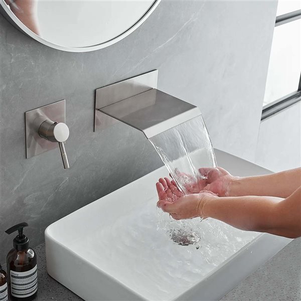 BWE Single Handle Wall Mount Spout Waterfall Bathroom Faucet in Brushed Nickel