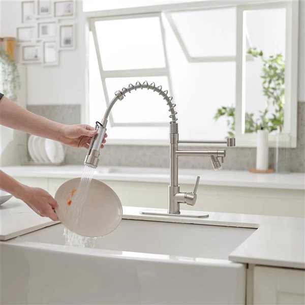 BWE Single Handle Pull-Down Sprayer Kitchen Faucet with LED Light & Deck Plate in Brushed Nickel