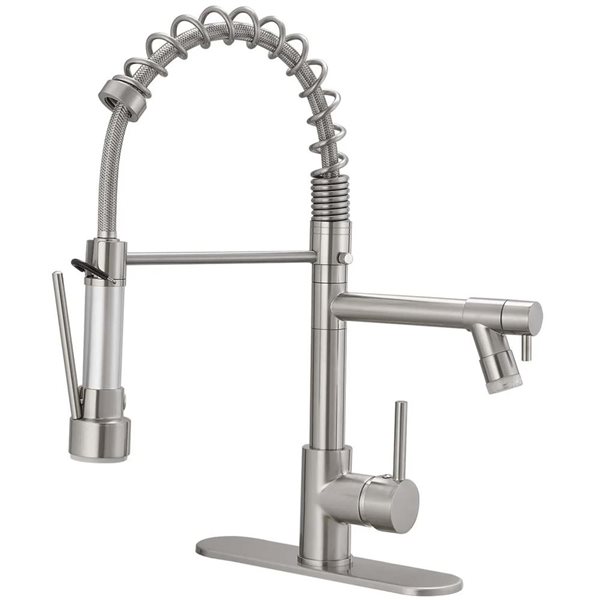 BWE Single Handle Pull-Down Sprayer Kitchen Faucet with LED Light & Deck Plate in Brushed Nickel