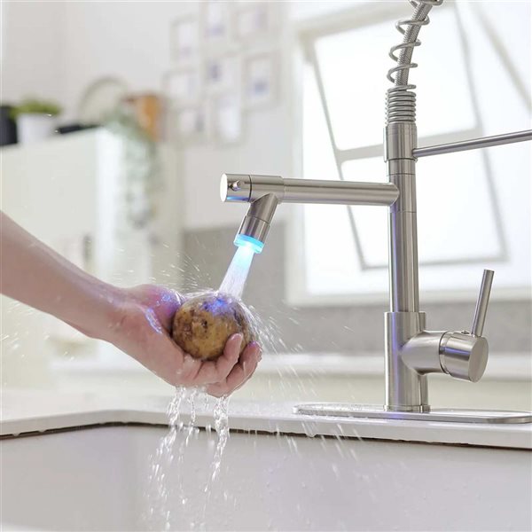 BWE Single Handle Pull-Down Sprayer Kitchen Faucet with LED Light & Deck Plate in Brushed Nickel