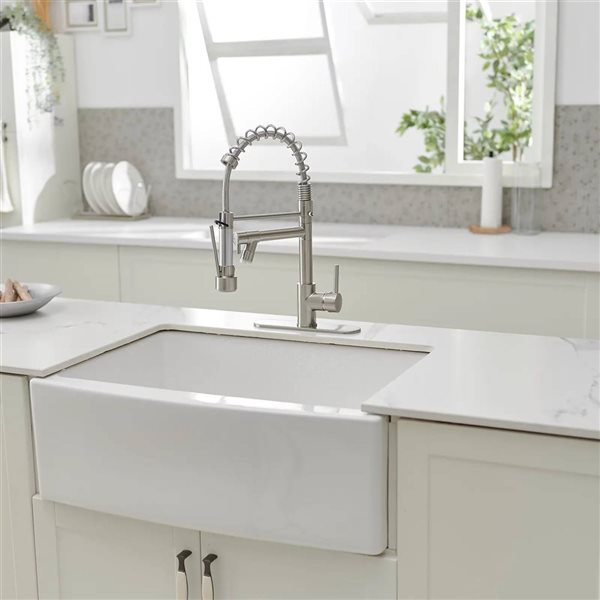 BWE Single Handle Pull-Down Sprayer Kitchen Faucet with LED Light & Deck Plate in Brushed Nickel