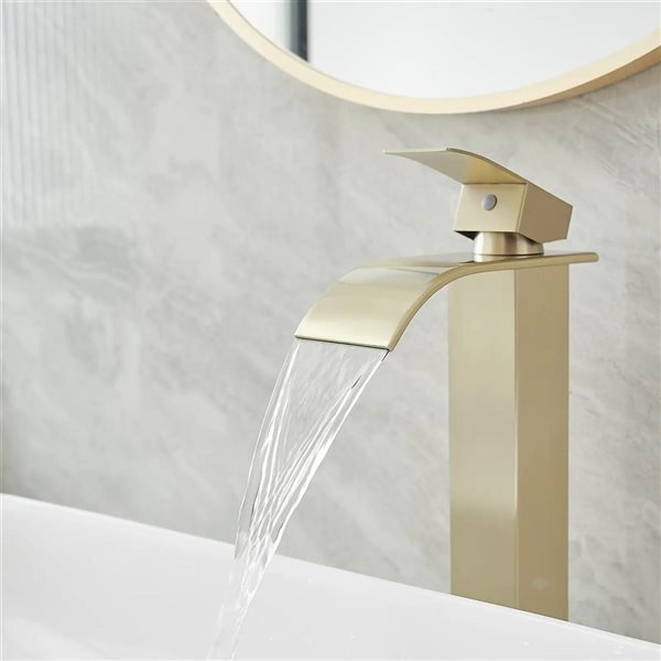 BWE Waterfall Single Hole Single Handle Bathroom Vessel Sink Faucet with Supply Hose in Brushed Gold