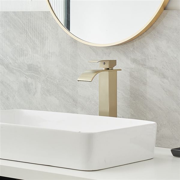 BWE Waterfall Single Hole Single Handle Bathroom Vessel Sink Faucet with Supply Hose in Brushed Gold