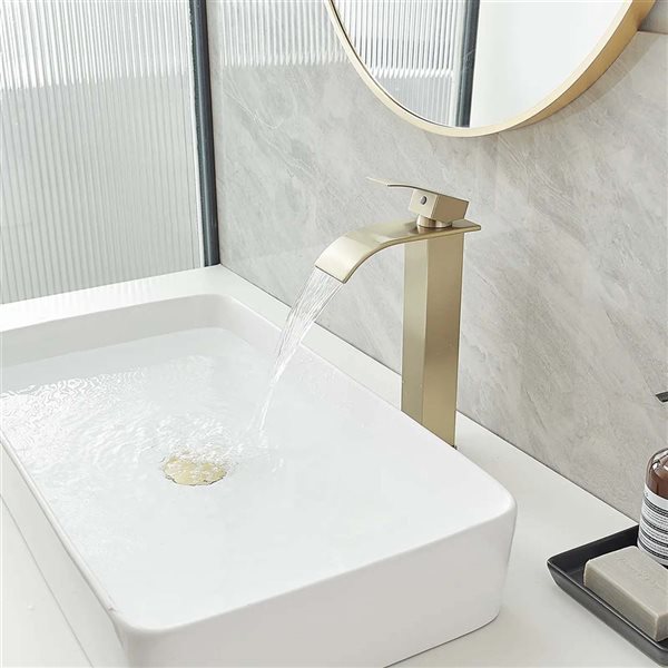 BWE Waterfall Single Hole Single Handle Bathroom Vessel Sink Faucet with Supply Hose in Brushed Gold