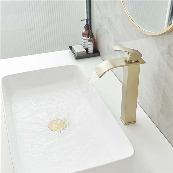 BWE Waterfall Single Hole Single Handle Bathroom Vessel Sink Faucet with Supply Hose in Brushed Gold